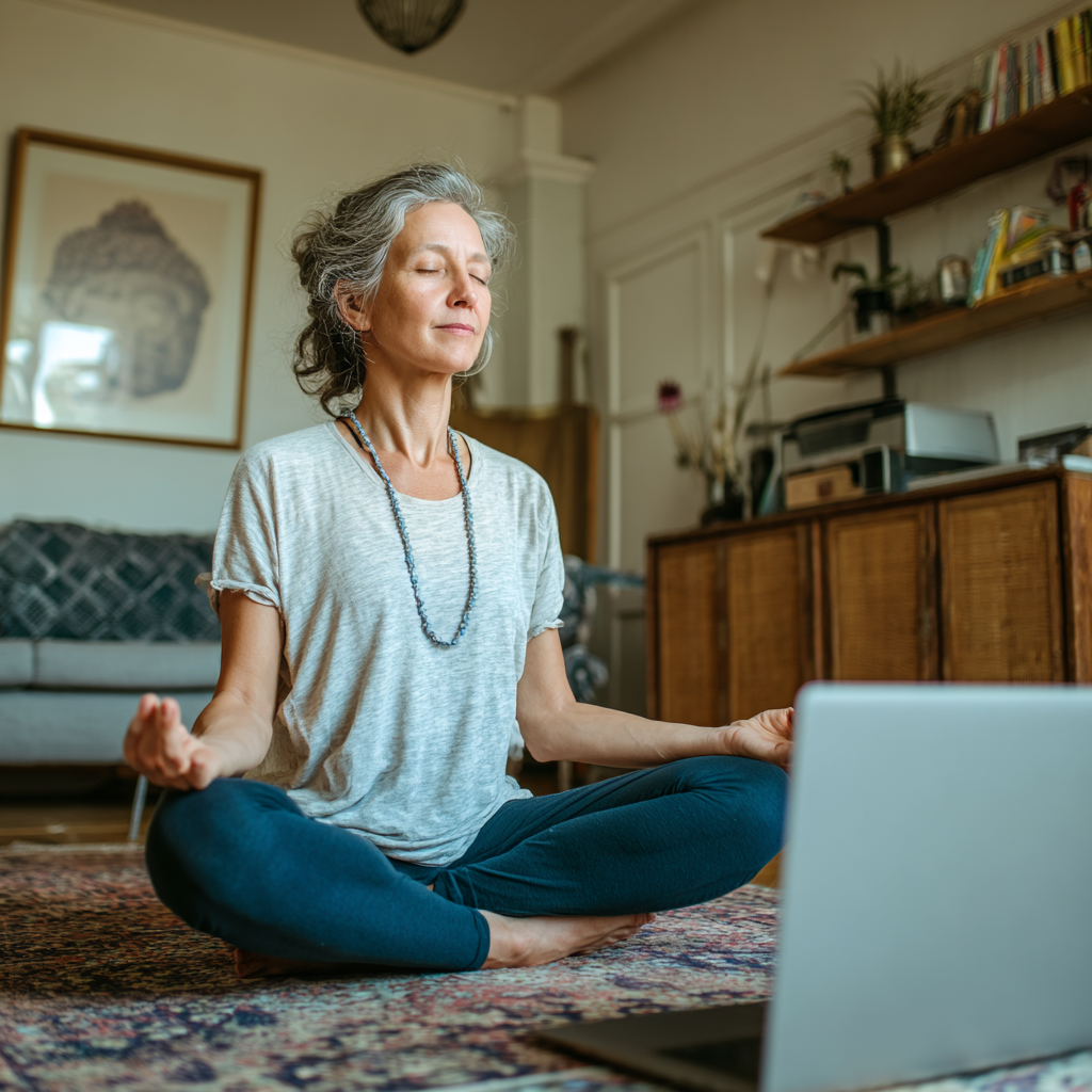 Жінка 52 роки практикує йогу вдома перед ноутбуком, дивлячись на онлайн урок, демонструючи зручність дистанційної практики