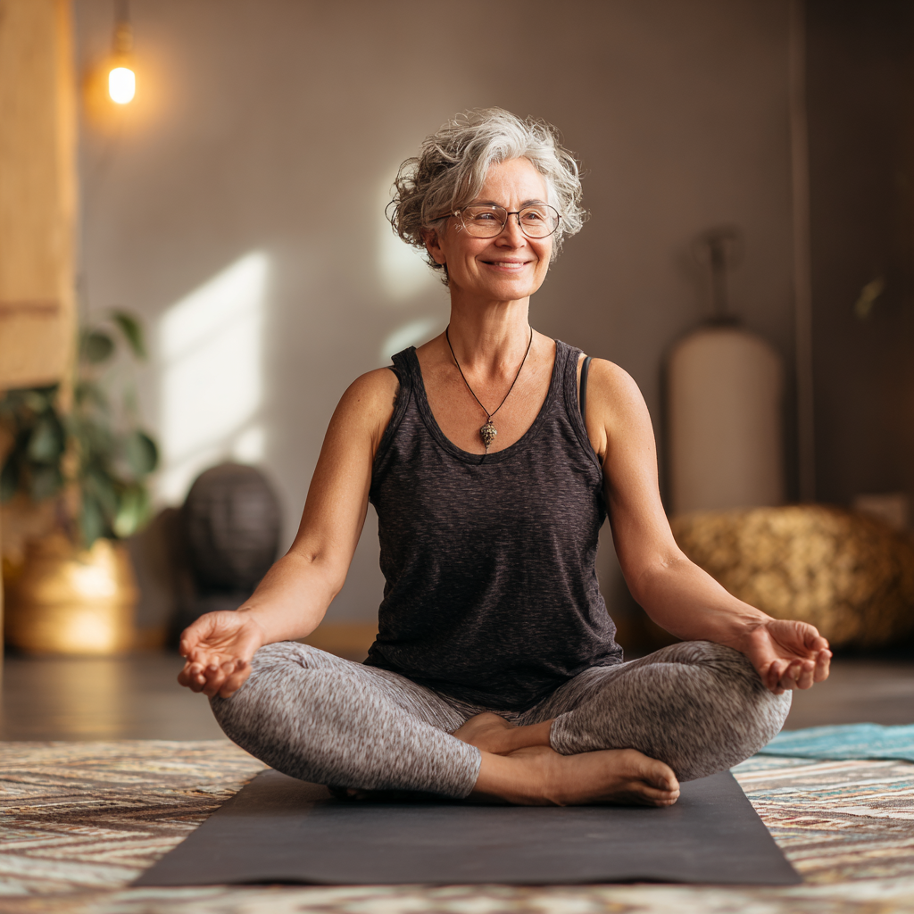 Жінка 55 років виконує базові пози йоги на килимку в затишній студії, усміхається та демонструє правильну техніку для початківців