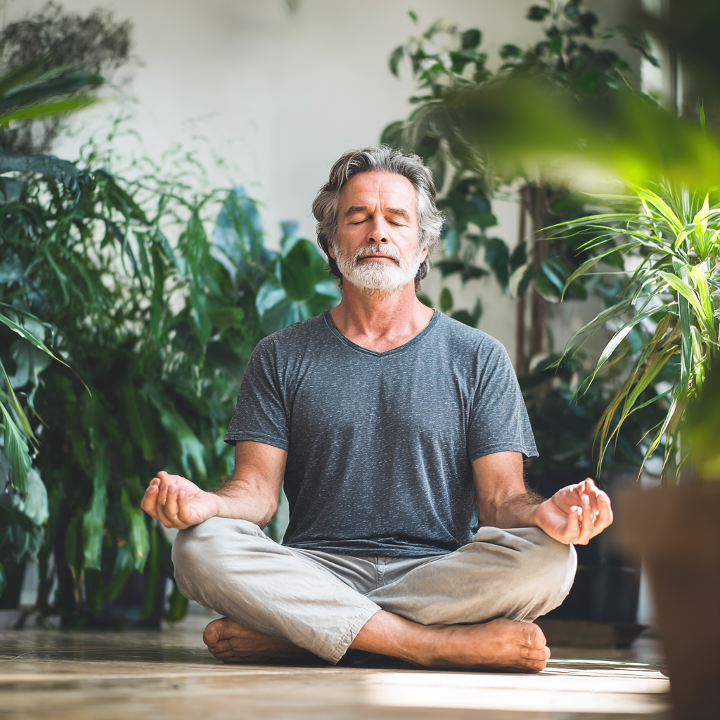 Чоловік 58 років медитує в позі лотоса в світлій кімнаті з рослинами, демонструючи глибоку концентрацію та внутрішній спокій